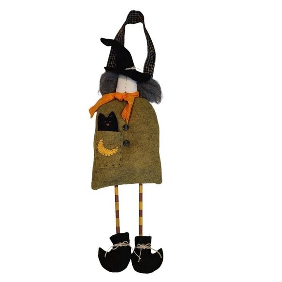 Folk Art Hanging Spooky Witch w Cat Felt Fabric Halloween Décor Primitive EUC - Picture 3 of 10